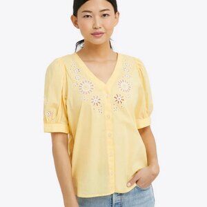 Womens Draper James Yellow Embroidered Striped Flower Emily Button Down Top XS